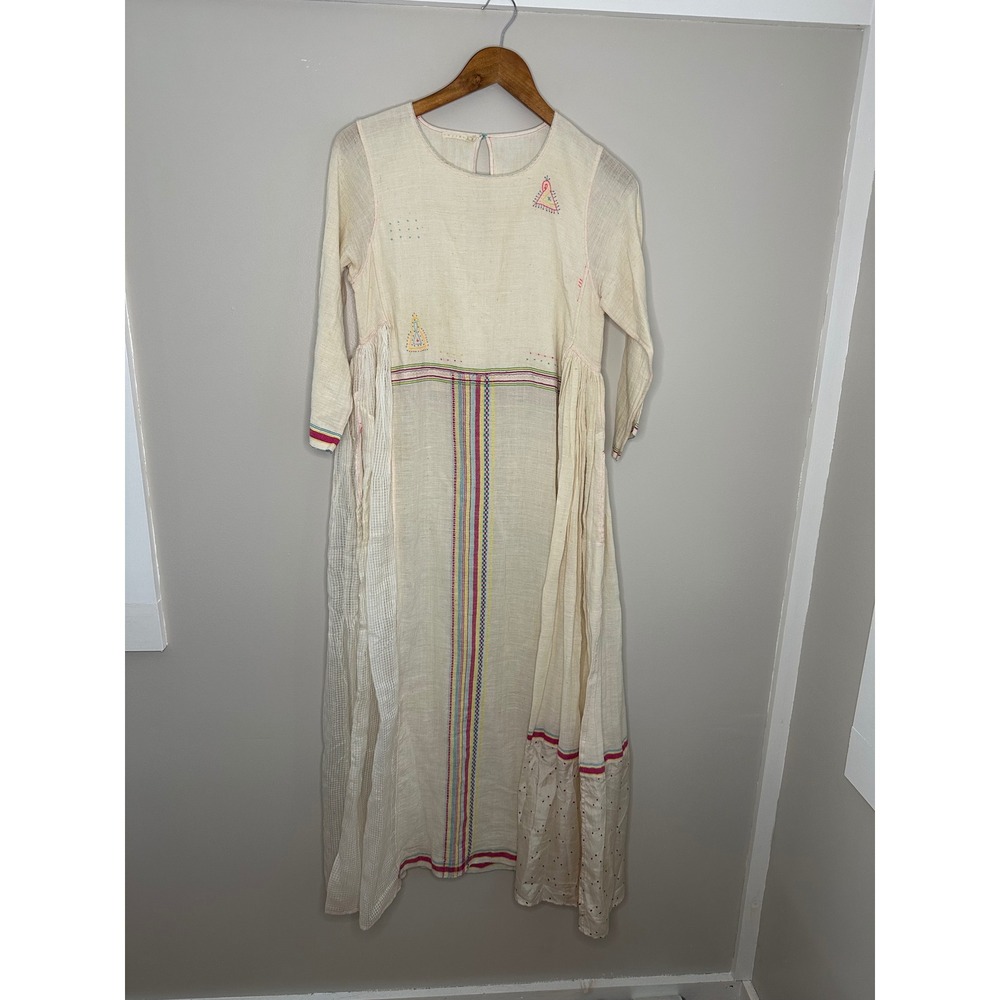 Injiri Artisan Midi Dress Women S Cream EUC Silk Cotton‎ Embroidered Hand Loomed